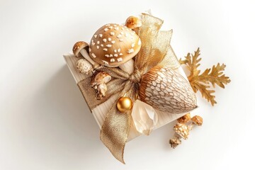A beautifully decorated gift box with mushrooms, gold ribbon, and autumn leaves.