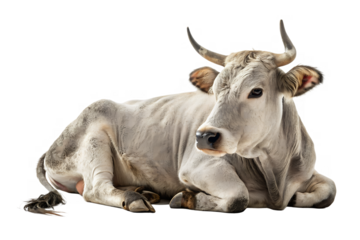 Cow, White Cow, Farm Animal, Domestic Cattle, Peaceful Cow Resting, Livestock Mammal, Strong Horned Bull, Dairy Farming Cow, Rural Agriculture, Grazing Cattle, Docile Farm Anima.