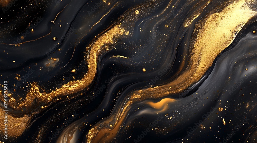 Poster abstract black and golden fluid art with textured details and shimmering effect creating a luxurious