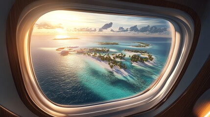 Naklejka premium Stunning Aerial View Tropical Island Paradise Exotic Beach Luxury Resort Ocean Sunset Airplane Window View Idyllic Seascape Breathtaking Scenery 