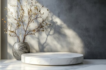 White stone podium on white table with gray wall background. High quality photo