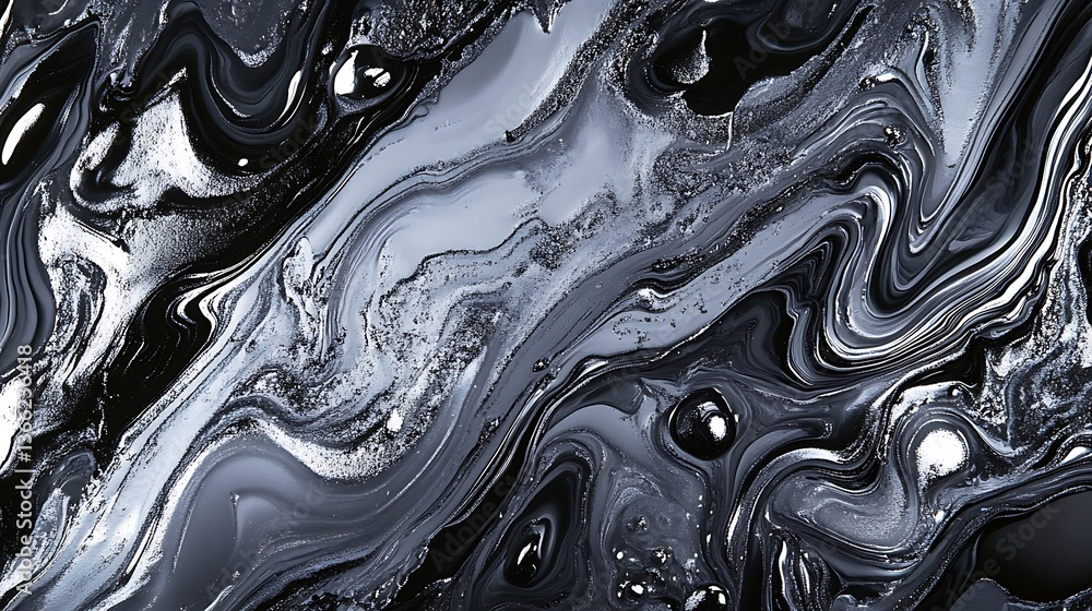 Poster abstract black and white liquid marble texture background with swirling patterns and smooth, glossy 