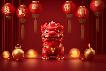 A red lion statue with hanging lanterns and golden ornaments