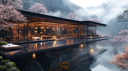 A Luxurious hotel with some car and a beautiful swimming pool and  garden and beautiful background 