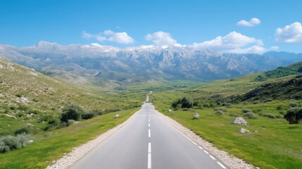 Fototapeta premium Asphalt road winding through a valley, leading to mountains under a clear sky. Lush greenery surrounds the road