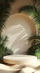 White round podium on the sand with palm leaves and tree branch background. Ready for product display or montage. High quality photo