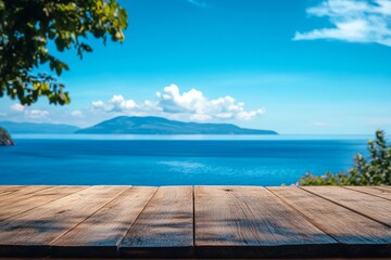 Fototapeta premium Stunning Ocean View Wooden Deck Summer Seascape Idyllic Coastal Calm Blue Horizon Tranquil Island Peaceful Nature Scene Serene Vacation Relaxation 
