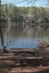 Fototapeta premium Tranquil view of lake with picnic table in the foreground