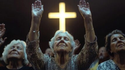Elderly Christian worshipers lifting hands with eyes closed in deep reverence Holy Cross softly illuminated in the background