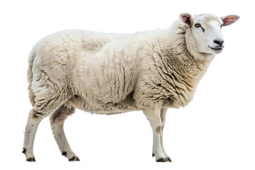 Obraz premium Single White Sheep Standing, Sheep Breed Photography, Farm Animal Sheep Image, White Woolly Sheep, Domestic Sheep Standing, Livestock Sheep Photo, Single Farm Animal Sheep, White Sheep Close Up.