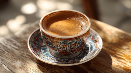 Traditional Turkish Coffee in Ornate Cup on Rustic Table Setting
