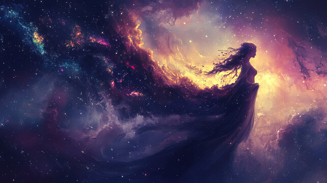 A cosmic goddess surrounded by stars, galaxies, and nebulae, with flowing hair made of stardust, in a celestial fantasy style, realistic photo