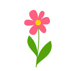 Cute minimalist flower in flat design style. A  pink flower with a yellow center, a green stem, and two leaves on a white background. Doodle style vector illustration.