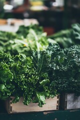 Fototapeta premium Close-up of fresh green leafy vegetables in wooden crates