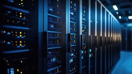 Naklejka premium Advanced data center interior with rows of high-tech black server cabinets illuminated by cool blue lighting, ideal for illustrating cloud services, network infrastructure, or cybersecurity