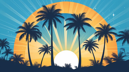 Palm Trees in Silhouette ,against a Striking Sunburst Background