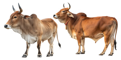 Two Indian Cows with Horns, Brown Indian Cow and Tan Indian Cow, Cattle Breed Illustration, Indian Cow Image, Zebu Cattle Photography, Bovine Animals of India, Farm Animal Cows, Domestic Indian Cattle