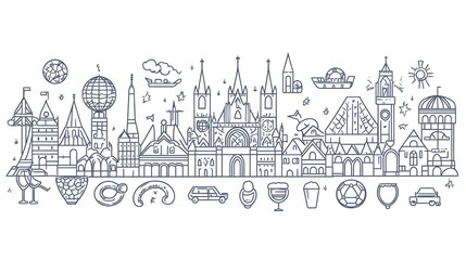 Detailed Germany travel and landmark line icons in vector format for design projects