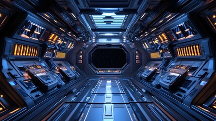 Futuristic spacecraft interior with advanced control panels and displays