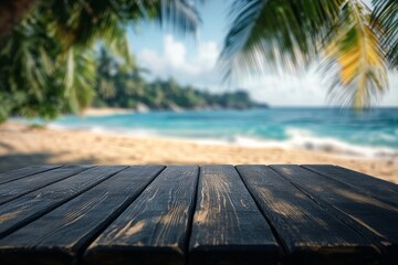 Wooden black table top on blur tropical beach background - can be used for display or montage your products. High quality photo