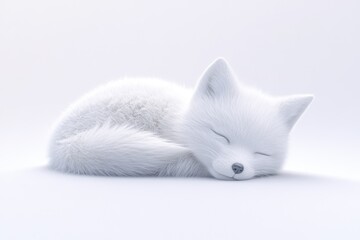 A fluffy white arctic fox cub peacefully sleeps curled up on a white background.