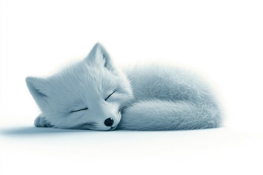 An adorable arctic fox kit naps peacefully, curled up in a ball of fluffy white fur.