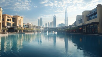 Obraz premium dubai mall from behind. view on a beautiful lake at midday