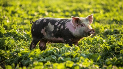 Fototapeta premium A Berkshire pig strolls through lush grass in a sunny, serene field
