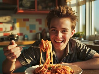 A teenager eating pasta