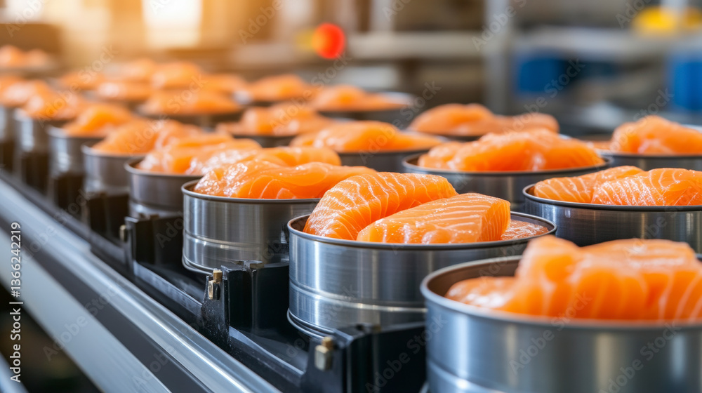 Aufkleber fresh salmon fillets being processed and packed in metal containers on a modern automated production