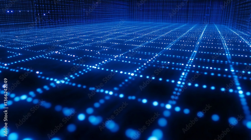 Poster abstract blue light grid: futuristic technology and data visualization with glowing points and lines