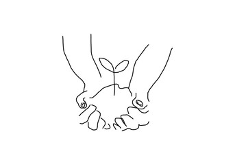 Abstract line art illustration representing planting tree seedlings to save the Earth.