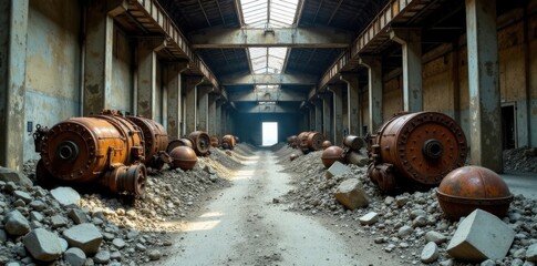 Abandoned industrial site with rusted machinery and concrete rubble, concrete, industrial, neglect