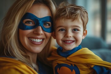 Child and mother in superhero costume playing together at home - Happy son and mom having fun in living room - Family concept