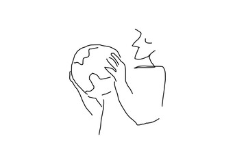  line art illustration depicting a hand holding the Earth