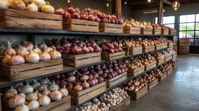 Modern storage facility for onions and garlic with efficient ventilation and rustic charm