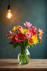 A vibrant spring floral bouquet sits atop a wooden table adorned with a unique lamp bulb in the background, flower display , home decor, spring decor