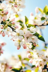 Obraz premium Apple tree in blossom. Close-up of pink and white flowers, delicate yellow-green leaves