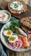 Enjoying a traditional Swedish breakfast with herring, eggs, dark bread, and dairy products on a rustic wooden table