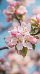 Obraz premium Apple tree in blossom. Close-up of pink and white flowers, delicate yellow-green leaves
