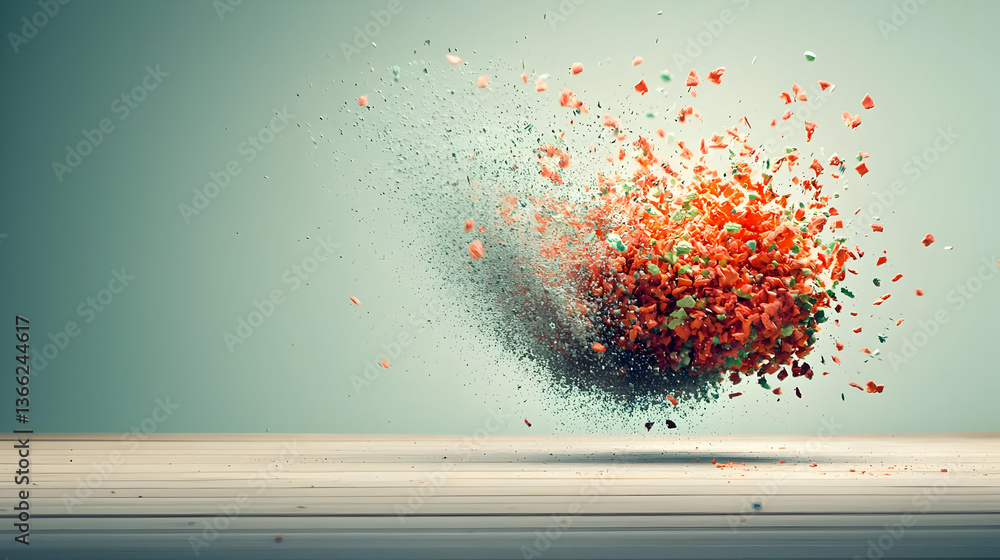 Poster abstract explosion of colorful particles floating in air over wooden surface with green background
