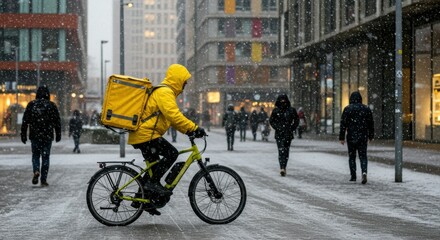 Obraz premium Scene in a big city, it's snowing. A courier in a yellow hooded jacket rides an electric bicycle, with a yellow backpack-box on his back. The surrounding buildings are new and modern. Pedestrians walk