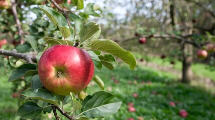 Ripe Red Apple on Tree Branch in Orchard