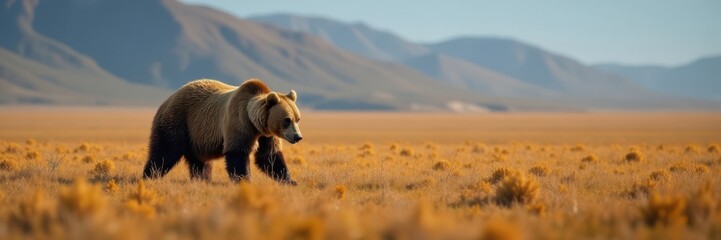 Fototapeta premium Brown bear walking through the tundra, arctic landscape, wildlife photography