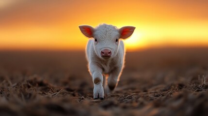A newborn calf strolls at sunset.  Golden hour light bathes the young animal.  Innocent, countryside charm
