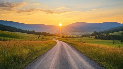 Scenic Country Road Winding Through Lush Green Fields at Sunset Golden Hour Rays Sunlight Mountains Landscape Nature Photography sky path view calm   
