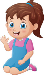 Cartoon happy little girl sitting and waving hand