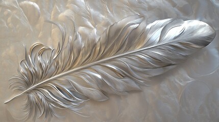 Shiny silver feather on a white background.