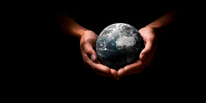 Duas m&atilde;os segurando o planeta terra morrendo. Nosso planeta em colapso, acinzentado e devastado pela a&ccedil;&atilde;o humana