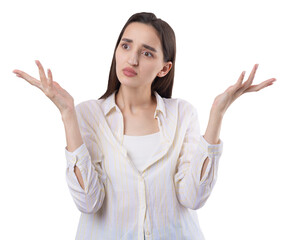 Young beautiful woman with facial expression of surprise standing over white background.